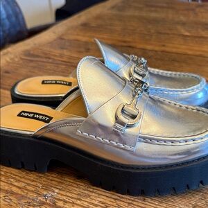 Nine West Silver Metallic Moccasin Mule Clogs